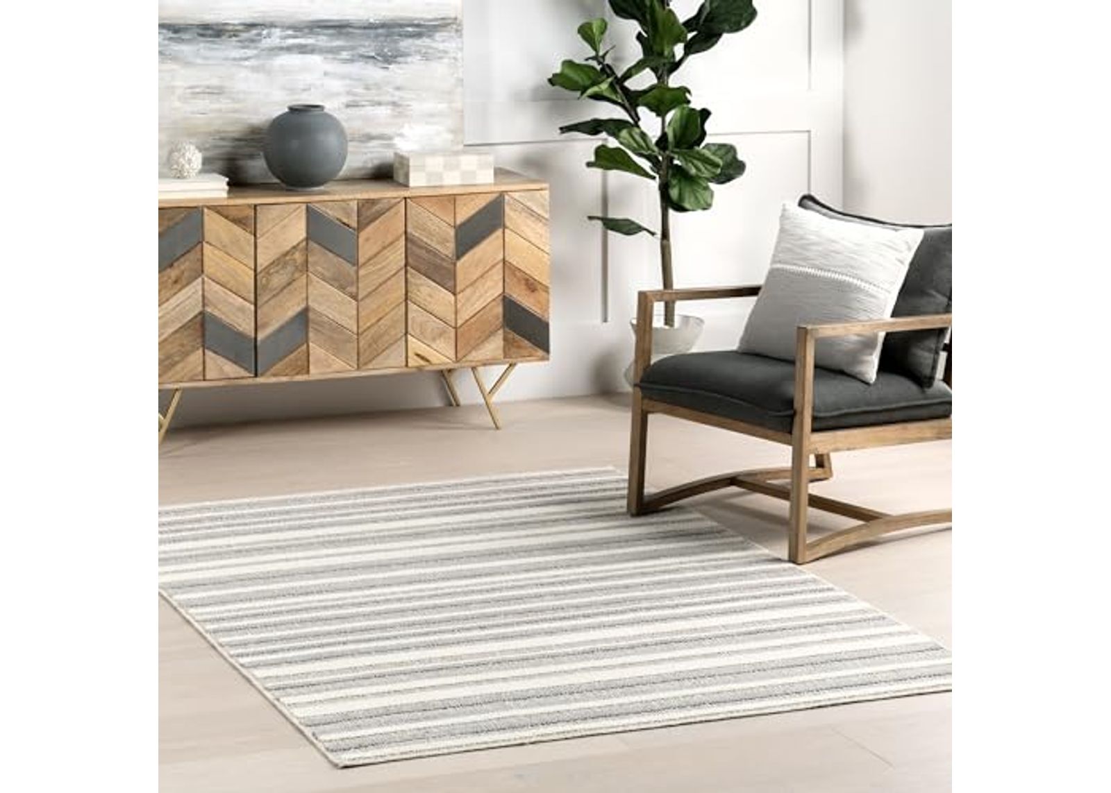 nuLOOM Kerensa Striped 4x6 Machine Washable Area Rug for Living Room Bedroom Dining Room Kitchen, Light Grey/Cream