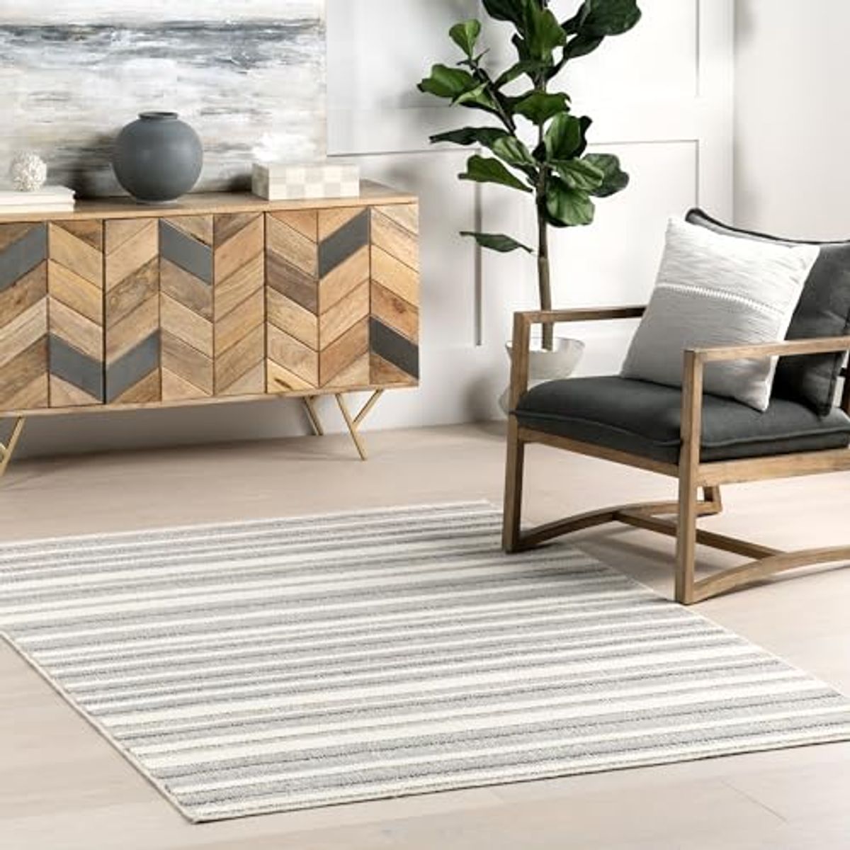 nuLOOM Kerensa Striped 4x6 Machine Washable Area Rug for Living Room Bedroom Dining Room Kitchen, Light Grey/Cream