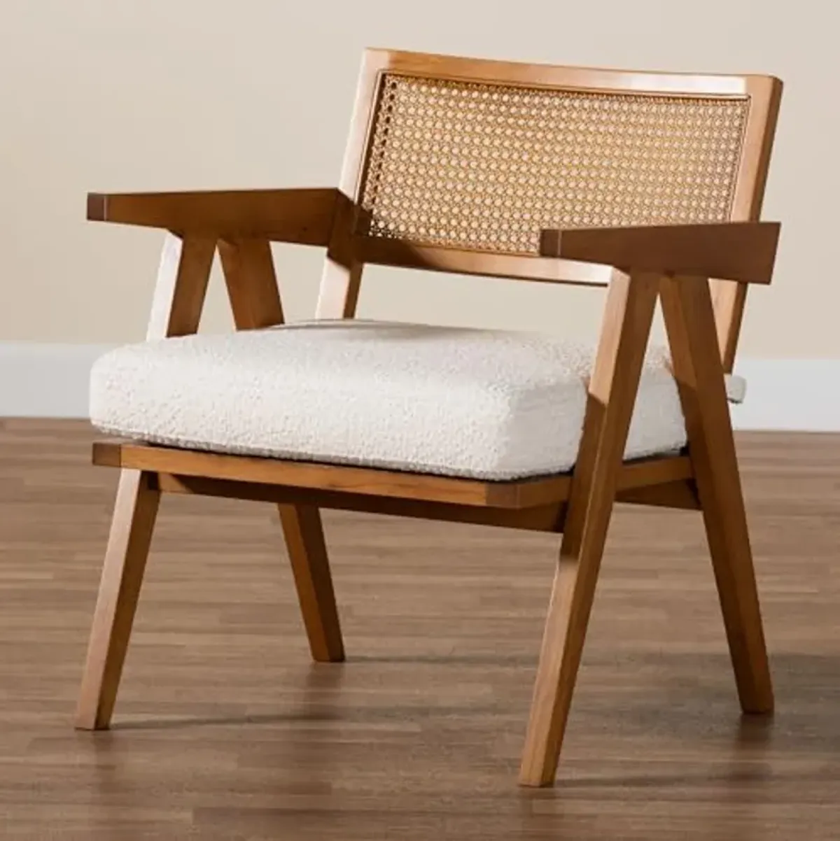 Baxton Studio Jetsam Japandi Cream Boucle Fabric and Walnut Brown Finished Wood Arm Chair