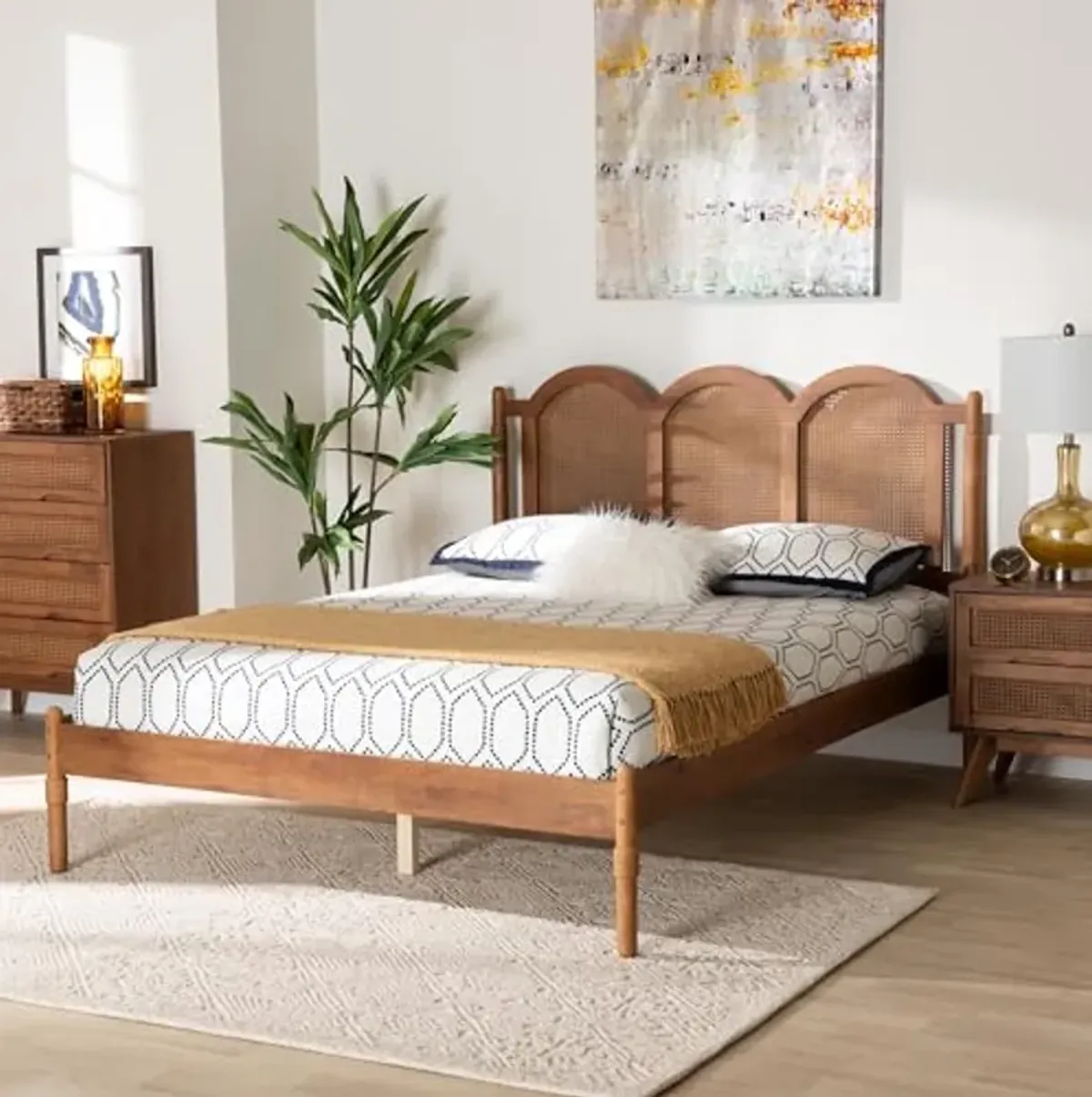 Baxton Studio Thatcher Mid-Century Modern Walnut Brown Finished Wood Queen Size Platform Bed with Woven Rattan