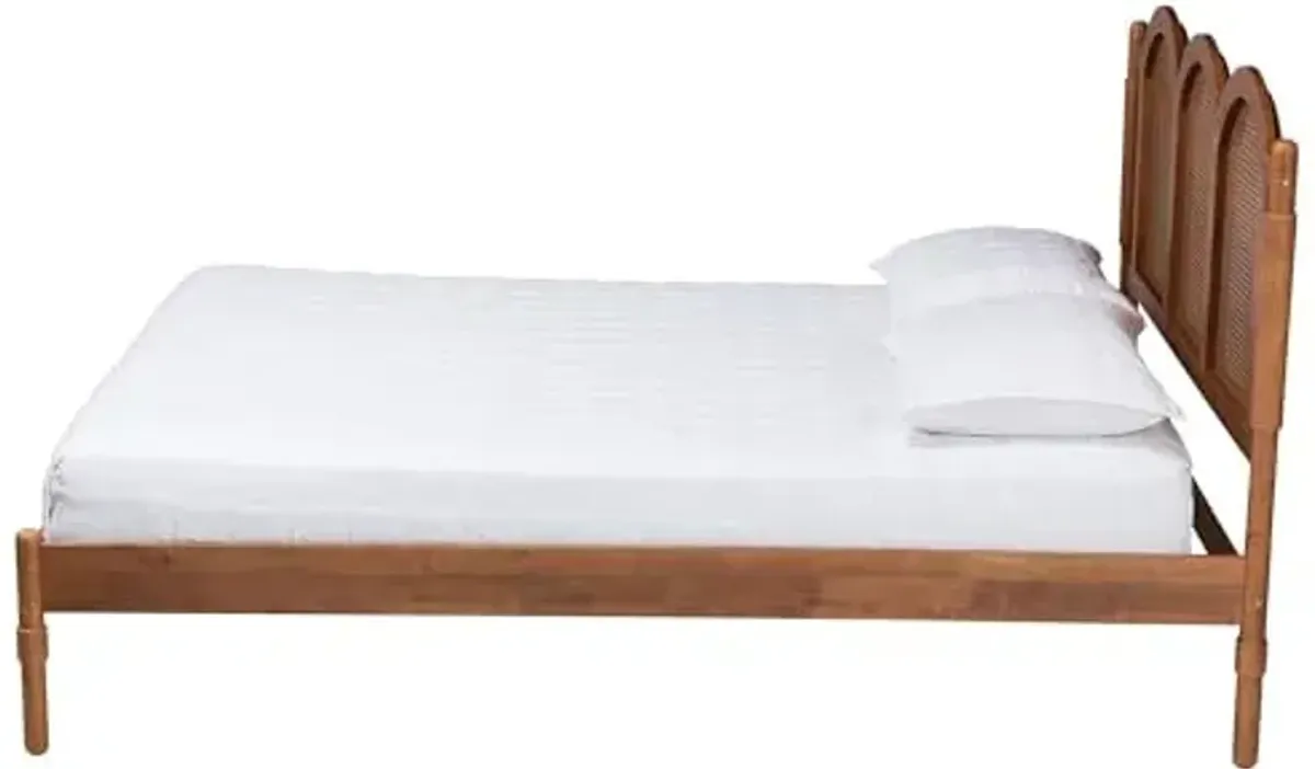 Baxton Studio Thatcher Mid-Century Modern Walnut Brown Finished Wood Queen Size Platform Bed with Woven Rattan