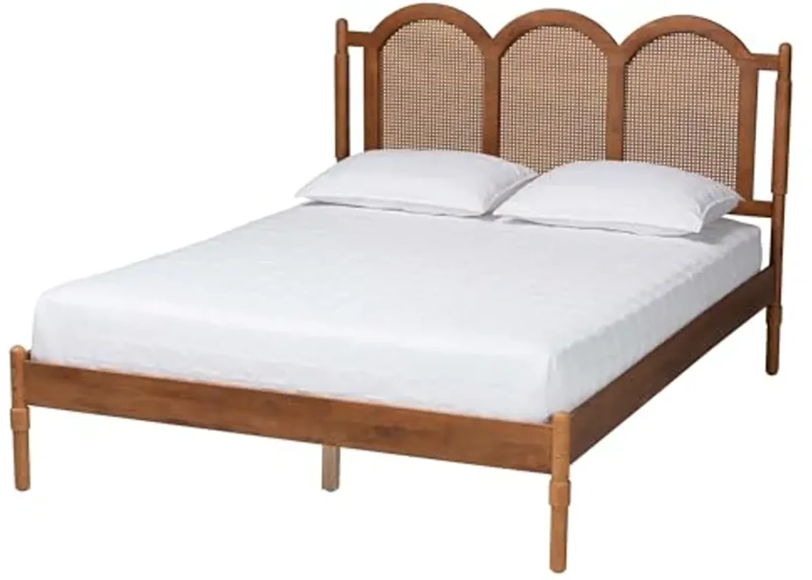 Baxton Studio Thatcher Mid-Century Modern Walnut Brown Finished Wood Queen Size Platform Bed with Woven Rattan