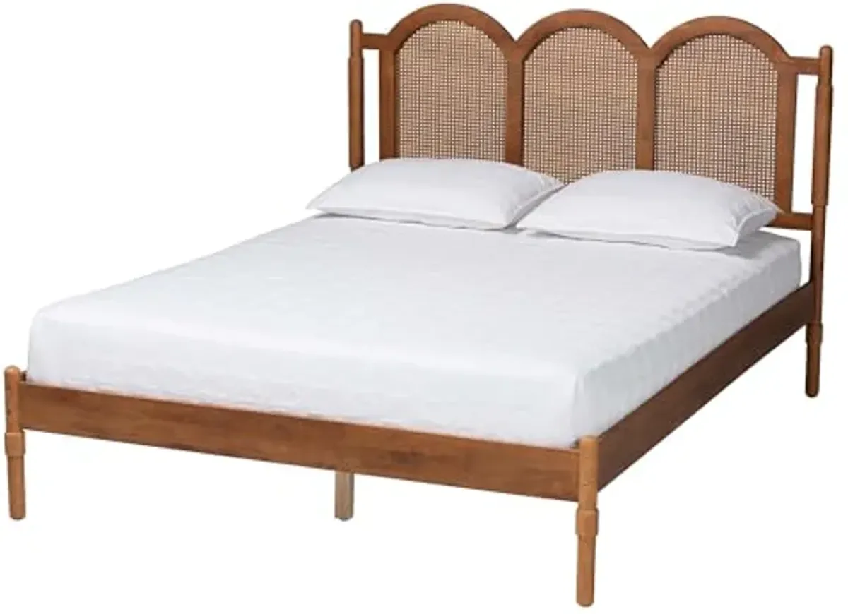 Baxton Studio Thatcher Mid-Century Modern Walnut Brown Finished Wood Queen Size Platform Bed with Woven Rattan