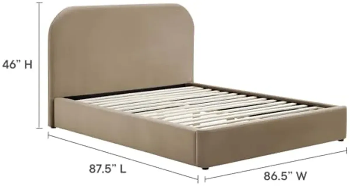 Modway Keynote Modern King Size Bed Frame with Curve Shaped Headboard in Taupe, Upholstered Performance Velvet King Platform Bed, Soft Cloud Bed Frame, No Box Spring Needed