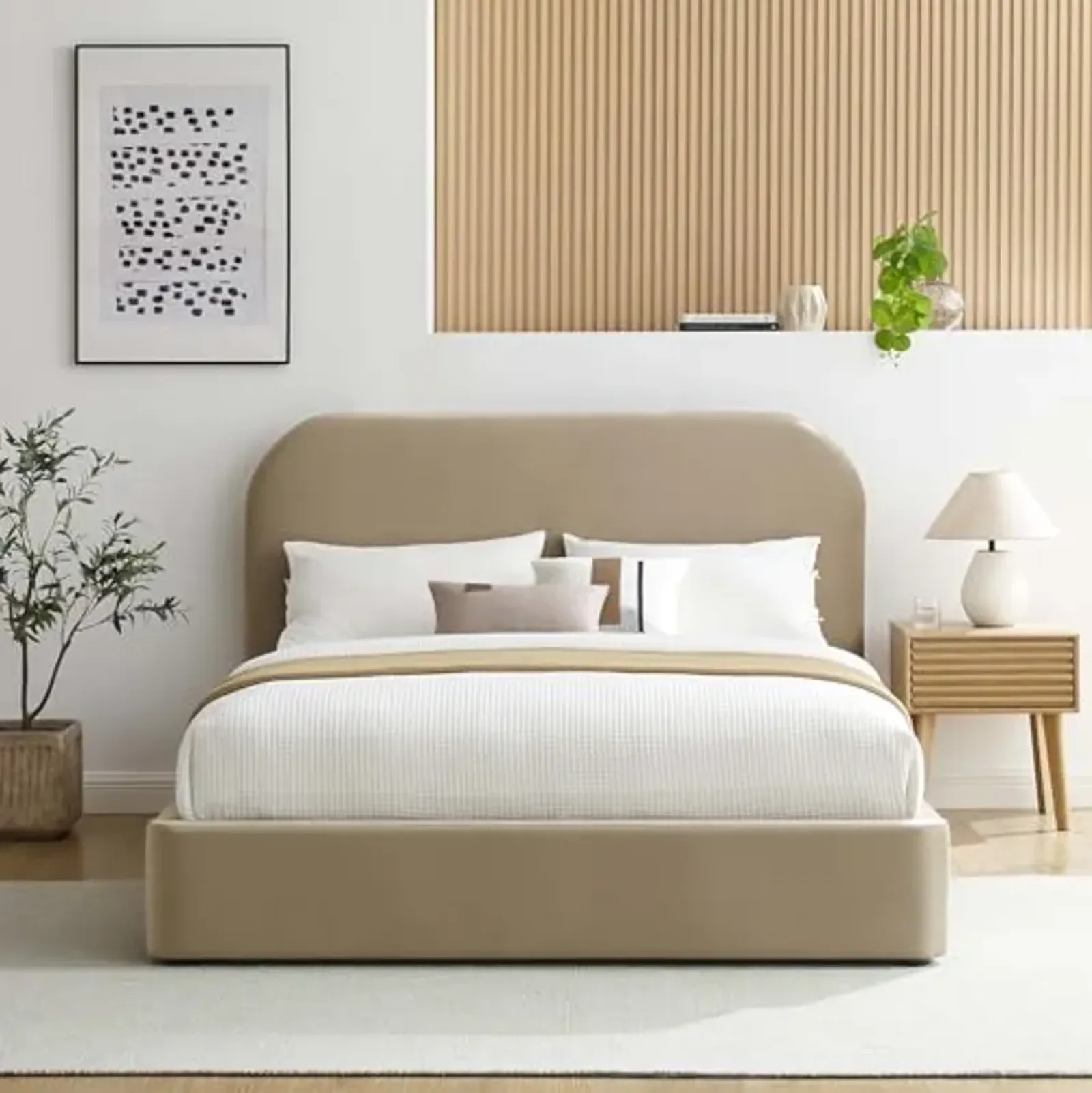 Modway Keynote Modern King Size Bed Frame with Curve Shaped Headboard in Taupe, Upholstered Performance Velvet King Platform Bed, Soft Cloud Bed Frame, No Box Spring Needed