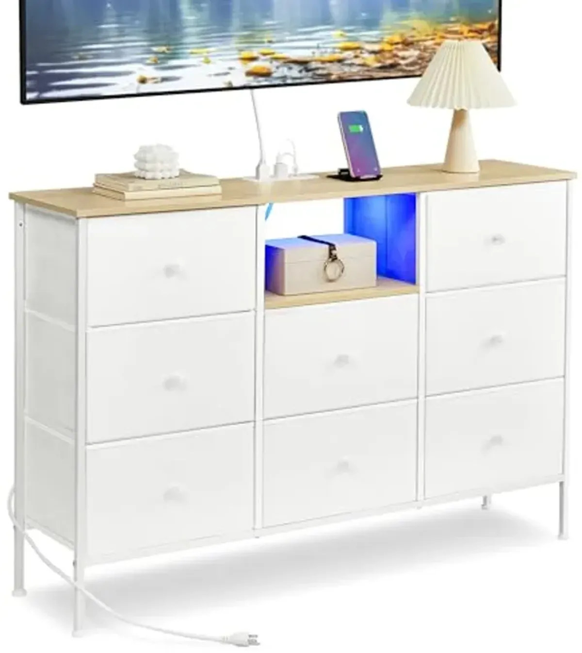 SONGMICS Dresser with Power Outlets and LED Lights, Fabric Chest of Drawers, 25 Colors, 8 Drawers, TV Stand for up to 60 Inch TVs, 11.8 x 47.2 x 31.3 Inches, Cloud White and Oak Beige ULTS518W01