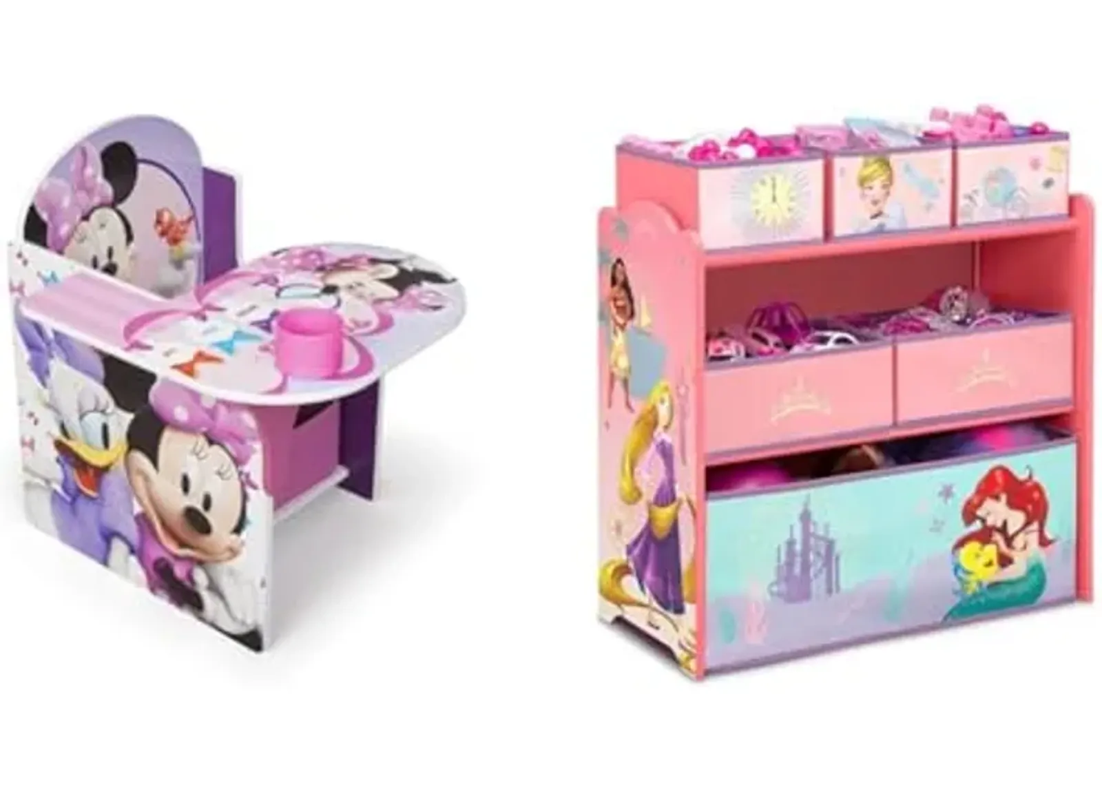 Delta Children Chair Desk with Storage Bin, Disney Minnie Mouse & Design & Store 6 Bin Toy Storage Organizer, Disney Princess