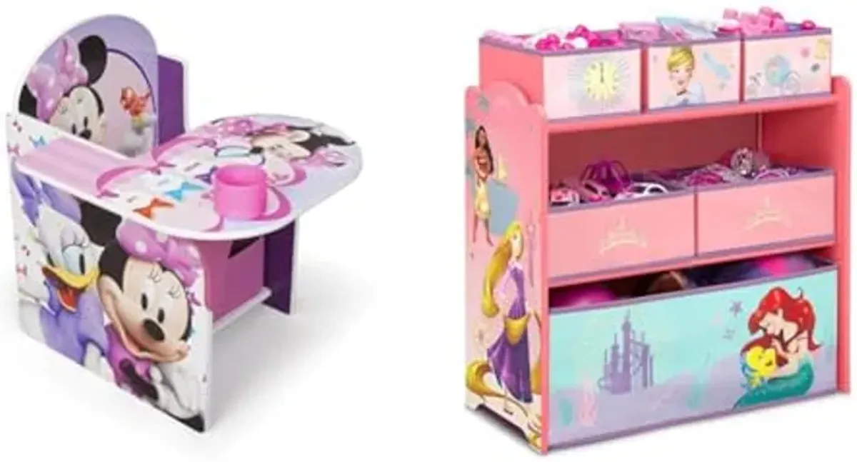 Delta Children Chair Desk with Storage Bin, Disney Minnie Mouse & Design & Store 6 Bin Toy Storage Organizer, Disney Princess