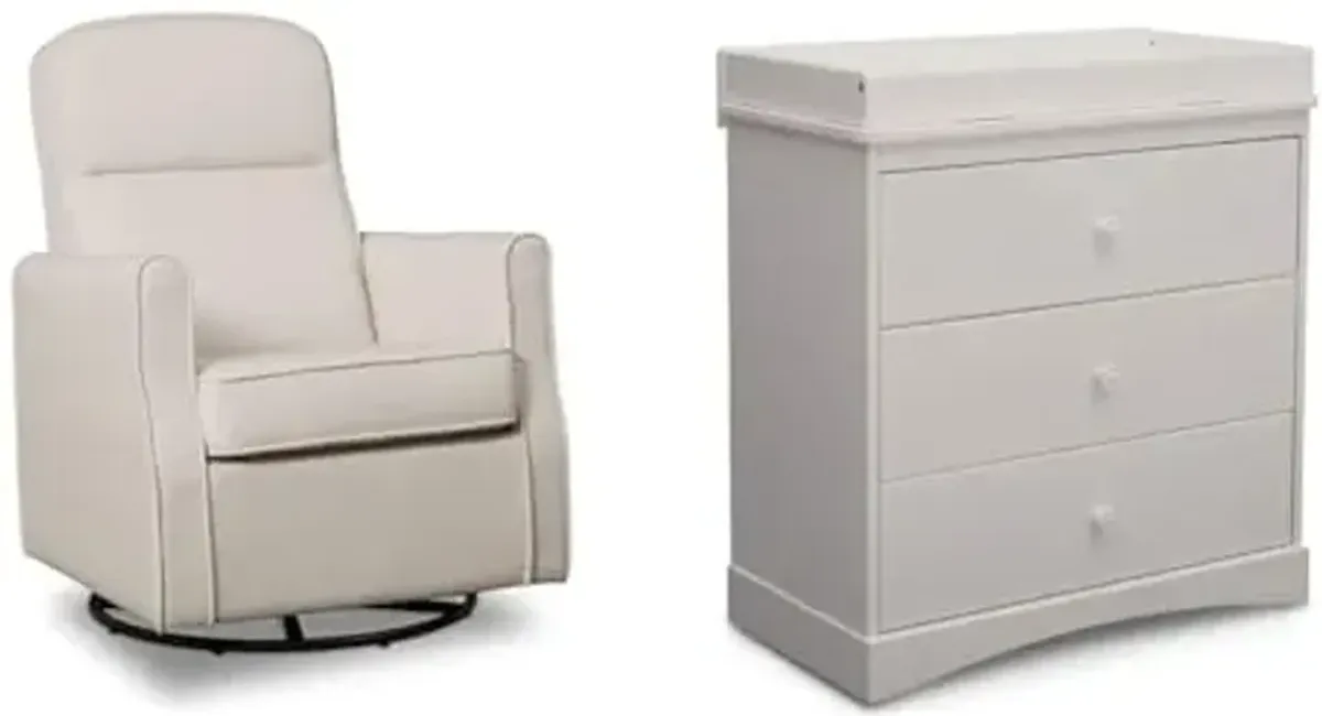 Delta Children Blair Slim Nursery Glider Swivel Rocker Chair, Cream & Sutton 3 Drawer Dresser with Changing Top, White