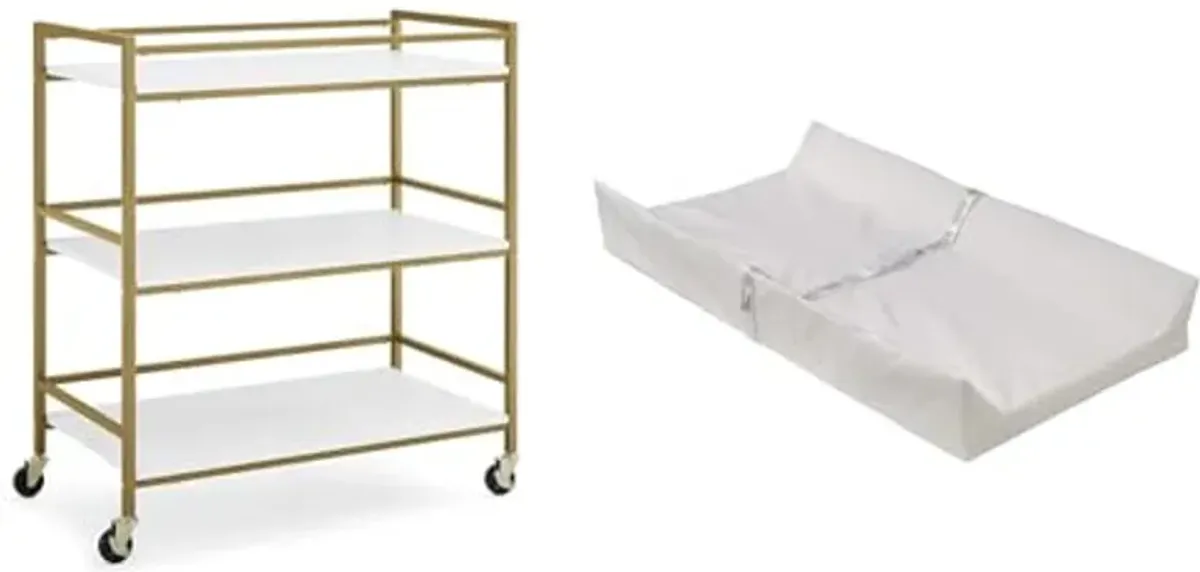 Delta Children Jade Changing Table/Cart, White Melamine/Bronze & Foam Contoured Changing Pad with Waterproof Cover