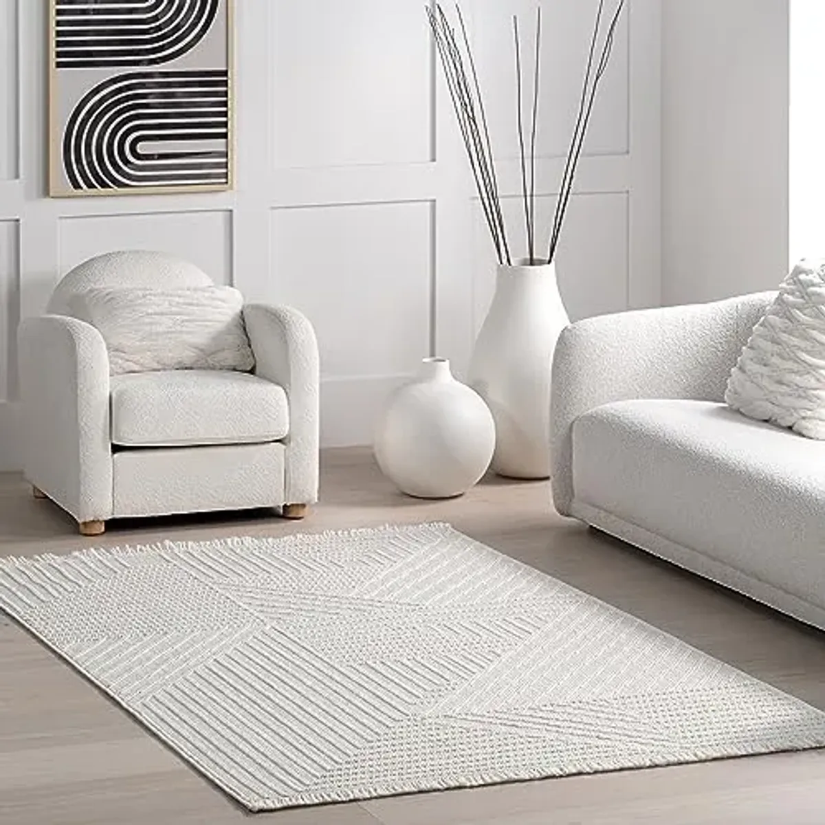 Nuloom Makena Off-White, 3' x 5', Geometric, Fringed, Soft and Textured, High Traffic, Stain Resistant, Easy Clean, Durable Area Rug for Bedroom, Living Room, Dining Space, Den, Foyer, Entryway