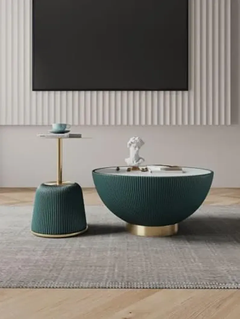 Manhattan Comfort Modern Anderson Coffee Table and End Table 1.0 Upholstered in Green Leatherette with Ceramic Faux Tabletop and Gold Metal Tabletop- Set of 2
