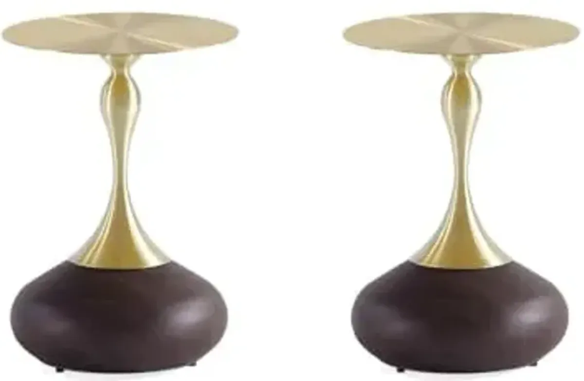 Manhattan Comfort Patchin Modern 15.75" Round End Table - Sleek Wood-Finished Steel Base with Gold Tabletop, Fully Assembled Accent Furniture, Set of 2, Brown/Gold