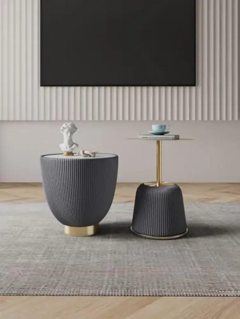 Manhattan Comfort Modern Anderson End Table 1.0 and End Table 2.0 Upholstered in Grey Leatherette with Ceramic Faux Tabletop and Gold Metal Tabletop- Set of 2