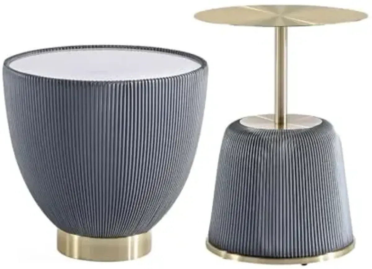 Manhattan Comfort Modern Anderson End Table 1.0 and End Table 2.0 Upholstered in Grey Leatherette with Ceramic Faux Tabletop and Gold Metal Tabletop- Set of 2