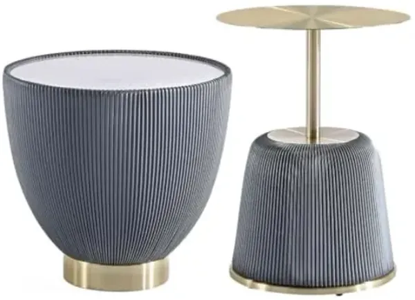 Manhattan Comfort Modern Anderson End Table 1.0 and End Table 2.0 Upholstered in Grey Leatherette with Ceramic Faux Tabletop and Gold Metal Tabletop- Set of 2