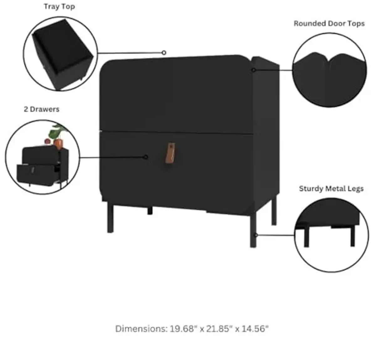 Manhattan Comfort Bogardus 2-Piece Living Room Furniture Set, Accent Cabinet & End Table, Sleek Mid Century Modern Design with Rounded Soft-Close Doors and Metal Legs, Black