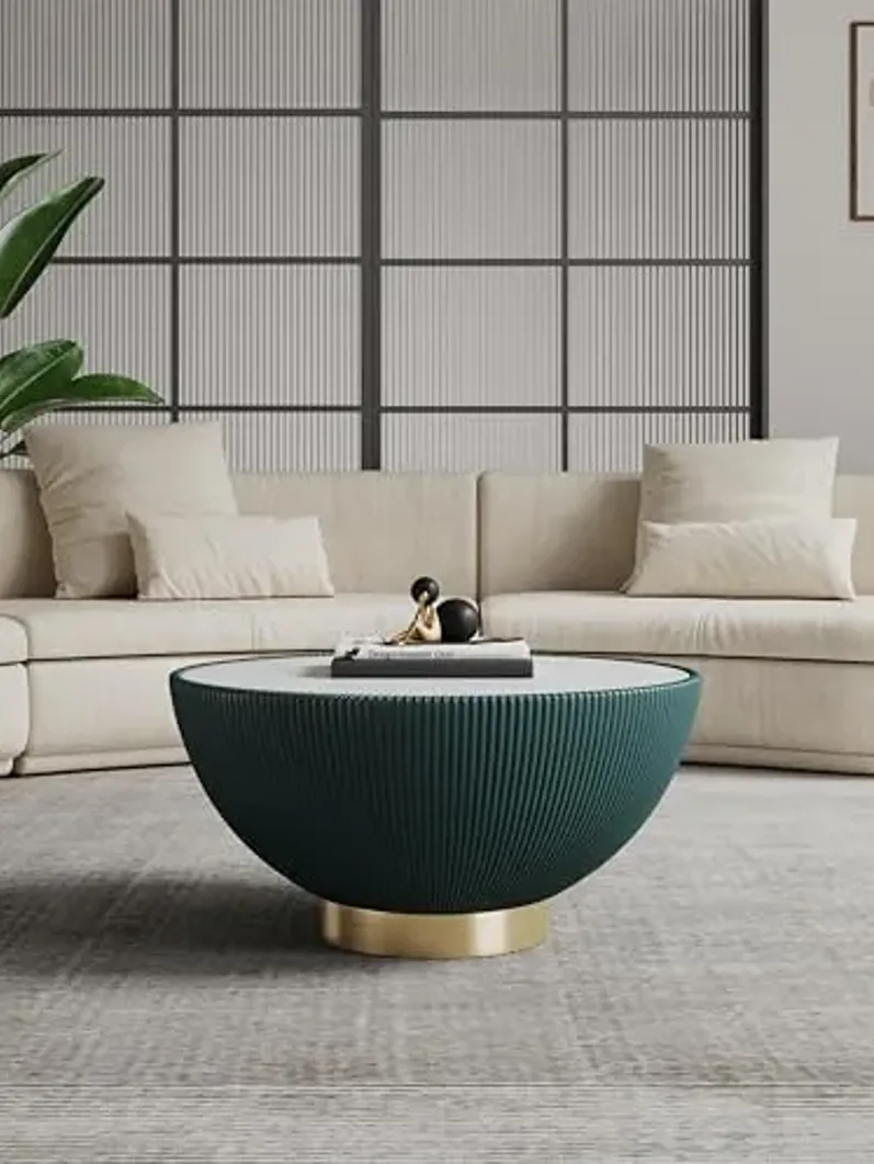 Manhattan Comfort Anderson Modern Low-Profile Round Coffee Table – Ceramic Marble Tabletop, Pleated Leatherette Detail, Gold Base, Fully Assembled Accent Table, Set of 1, Green