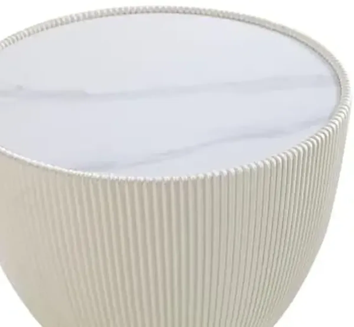 Manhattan Comfort Anderson Modern 18" Round End Table 2.0 | Ceramic Marble Tabletop, Elegant Pleated Leatherette Design & Gold Stainless Steel Base, Fully Assembled Accent Furniture, Set of 1, Cream