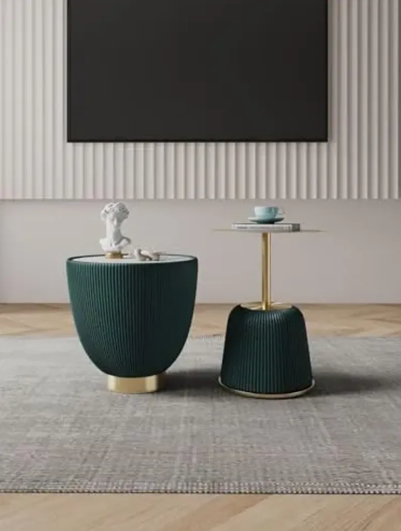 Manhattan Comfort Modern Anderson End Table 1.0 and End Table 2.0 Upholstered in Green Leatherette with Ceramic Faux Tabletop and Gold Metal Tabletop- Set of 2