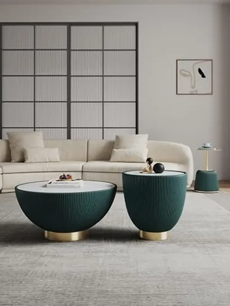 Manhattan Comfort Modern Anderson Coffee Table, 1.0 & 2.0 End Table, Upholstered in Green Leatherette with Ceramic Faux Tabletop and Gold Metal Tabletop- Set of 3