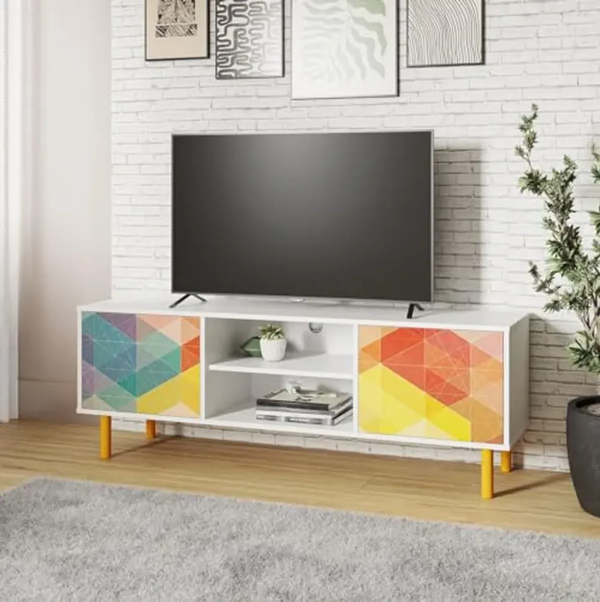 Manhattan Comfort Retro 58 Inch Mid Century Modern TV Stand, Fits up to 35" Television, Media Console with 2 Push to Open Soft Close Doors with Scratch Resistant Finish & 2 Open Shelves, Multi Color