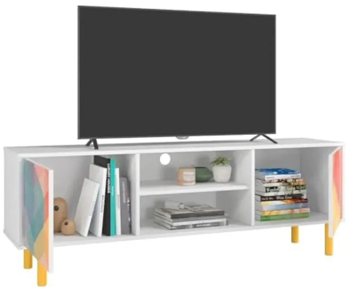 Manhattan Comfort Retro 58 Inch Mid Century Modern TV Stand, Fits up to 35" Television, Media Console with 2 Push to Open Soft Close Doors with Scratch Resistant Finish & 2 Open Shelves, Multi Color