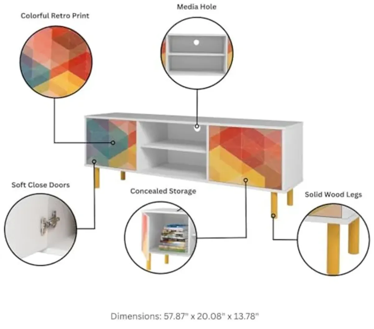 Manhattan Comfort Retro 58 Inch Mid Century Modern TV Stand, Fits up to 35" Television, Media Console with 2 Push to Open Soft Close Doors with Scratch Resistant Finish & 2 Open Shelves, Multi Color