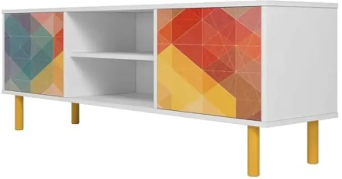 Manhattan Comfort Retro 58 Inch Mid Century Modern TV Stand, Fits up to 35" Television, Media Console with 2 Push to Open Soft Close Doors with Scratch Resistant Finish & 2 Open Shelves, Multi Color