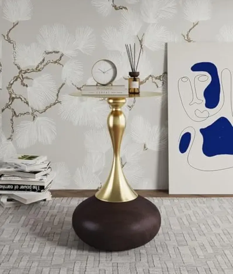 Manhattan Comfort Patchin Modern 15.75" Round End Table - Sleek Wood-Finished Steel Base with Gold Tabletop, Fully Assembled Accent Furniture, Set of 1, Brown/Gold