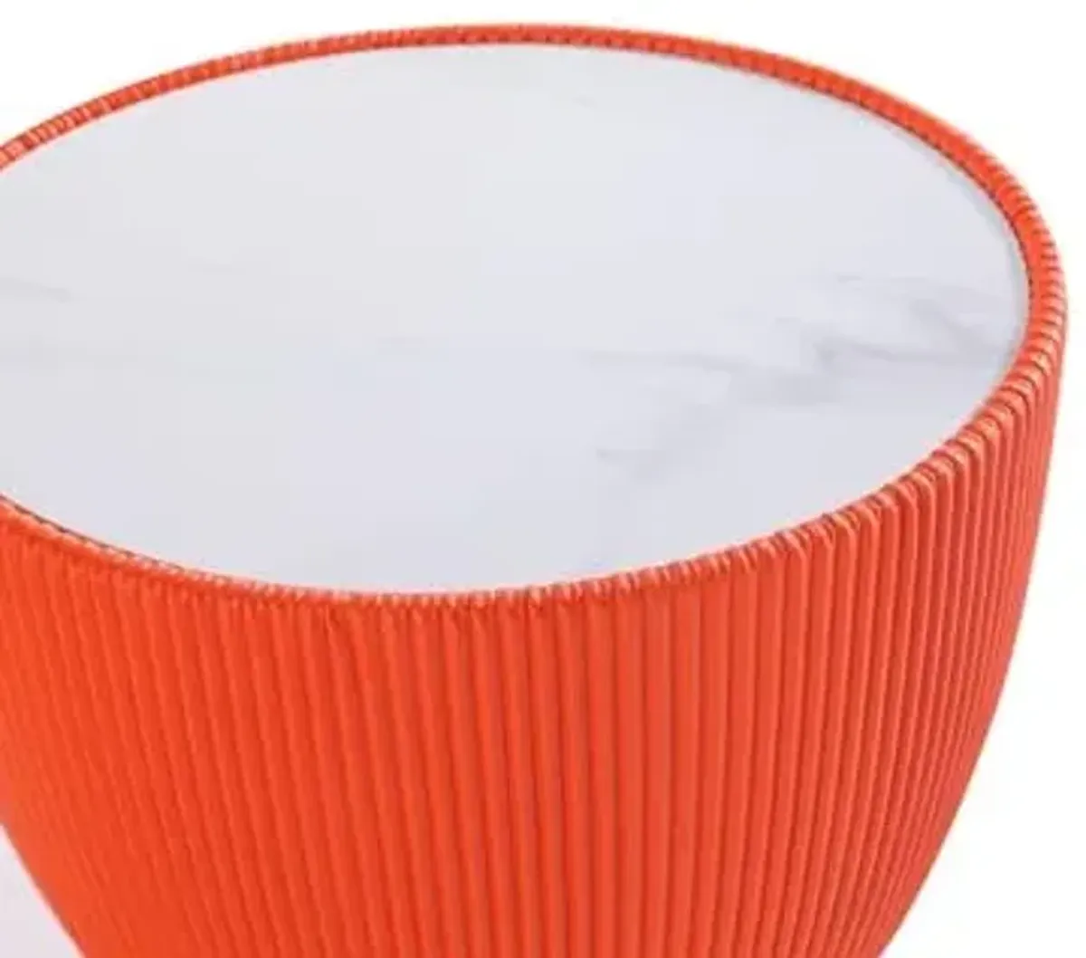 Manhattan Comfort Anderson Modern 18.43" Round End Table 2.0 - Ceramic Marble Tabletop, Elegant Pleated Leatherette Design & Gold Stainless Steel Base, Fully Assembled, Set of 2, Orange