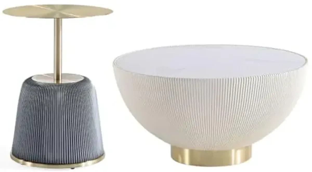 Manhattan Comfort Modern Anderson Coffee Table and End Table 1.0 Upholstered in Cream and Grey Leatherette with Ceramic Faux Tabletop and Gold Metal Tabletop- Set of 2