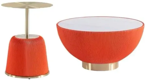 Manhattan Comfort Modern Anderson Coffee Table and End Table 1.0 Upholstered in Orange Leatherette with Ceramic Faux Tabletop and Gold Metal Tabletop- Set of 2