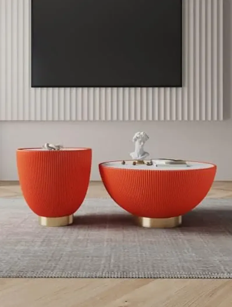 Manhattan Comfort Modern Anderson Coffee Table and End Table 2.0 Upholstered in Orange Leatherette with Ceramic Faux Tabletop - Set of 2