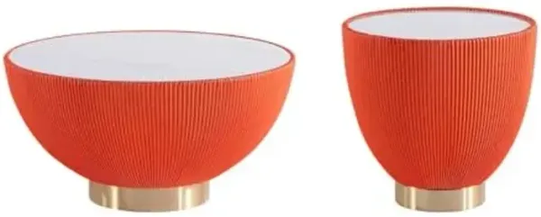 Manhattan Comfort Modern Anderson Coffee Table and End Table 2.0 Upholstered in Orange Leatherette with Ceramic Faux Tabletop - Set of 2