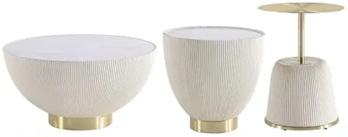 Manhattan Comfort Modern Anderson Coffee Table, 1.0 & 2.0 End Table, Upholstered in Cream Leatherette with Ceramic Faux Tabletop and Gold Metal Tabletop- Set of 3