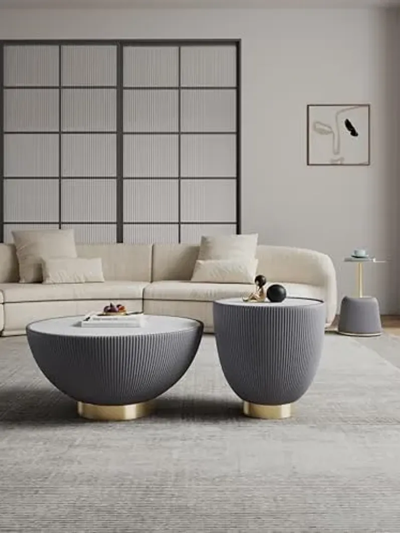 Manhattan Comfort Modern Anderson Coffee Table, 1.0 & 2.0 End Table, Upholstered in Grey Leatherette with Ceramic Faux Tabletop and Gold Metal Tabletop- Set of 3