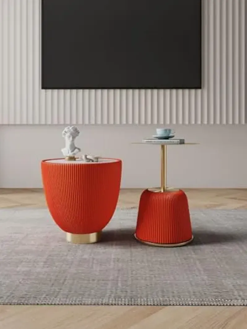 Manhattan Comfort Modern Anderson End Table 1.0 and End Table 2.0 Upholstered in Orange Leatherette with Ceramic Faux Tabletop and Gold Metal Tabletop- Set of 2
