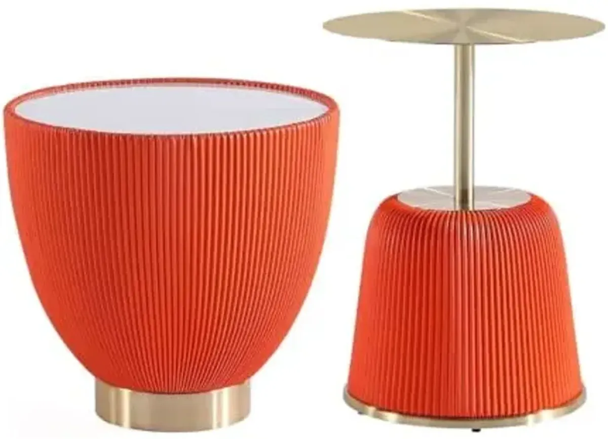 Manhattan Comfort Modern Anderson End Table 1.0 and End Table 2.0 Upholstered in Orange Leatherette with Ceramic Faux Tabletop and Gold Metal Tabletop- Set of 2
