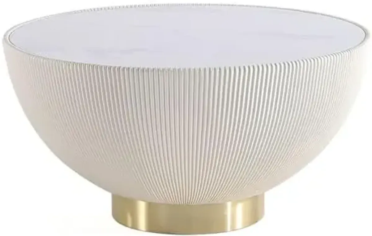 Manhattan Comfort Anderson Modern 28.15" Round Coffee Table 2.0 - Ceramic Marble Tabletop, Elegant Pleated Leatherette Details & Gold Base, Fully Assembled Accent Furniture, Set of 1, Cream