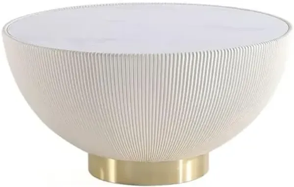 Manhattan Comfort Anderson Modern 28.15" Round Coffee Table 2.0 - Ceramic Marble Tabletop, Elegant Pleated Leatherette Details & Gold Base, Fully Assembled Accent Furniture, Set of 1, Cream