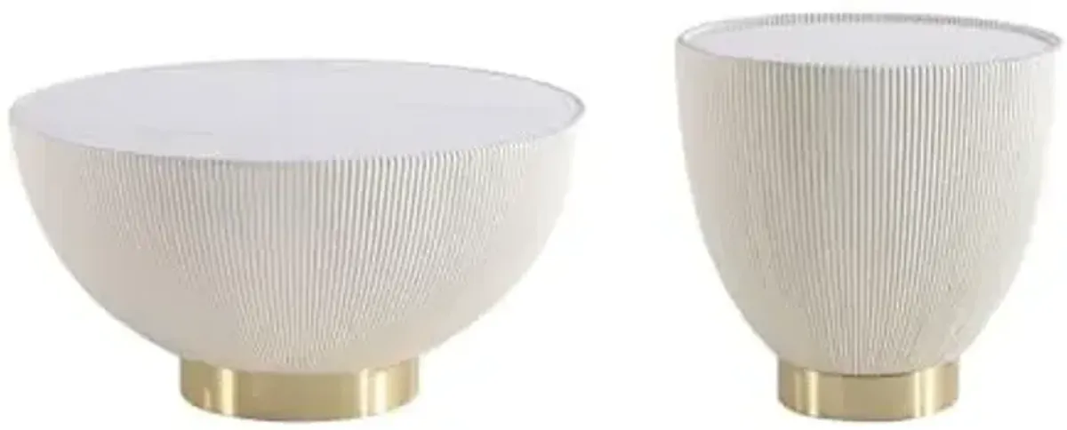 Manhattan Comfort Modern Anderson Coffee Table and End Table 2.0 Upholstered in Cream Leatherette with Ceramic Faux Tabletop - Set of 2