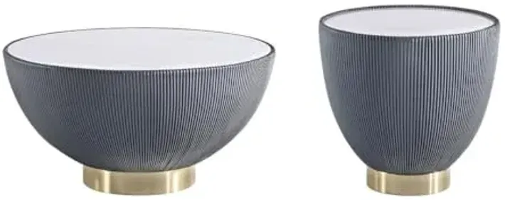 Manhattan Comfort Modern Anderson Coffee Table and End Table 2.0 Upholstered in Grey Leatherette with Ceramic Faux Tabletop - Set of 2