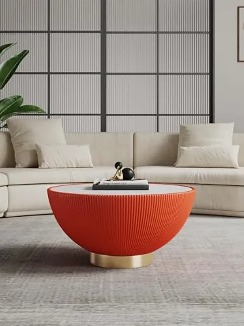 Manhattan Comfort Anderson Modern Low-Profile Round Coffee Table – Ceramic Marble Tabletop, Pleated Leatherette Detail, Gold Base, Fully Assembled Accent Table, Set of 1, Orange