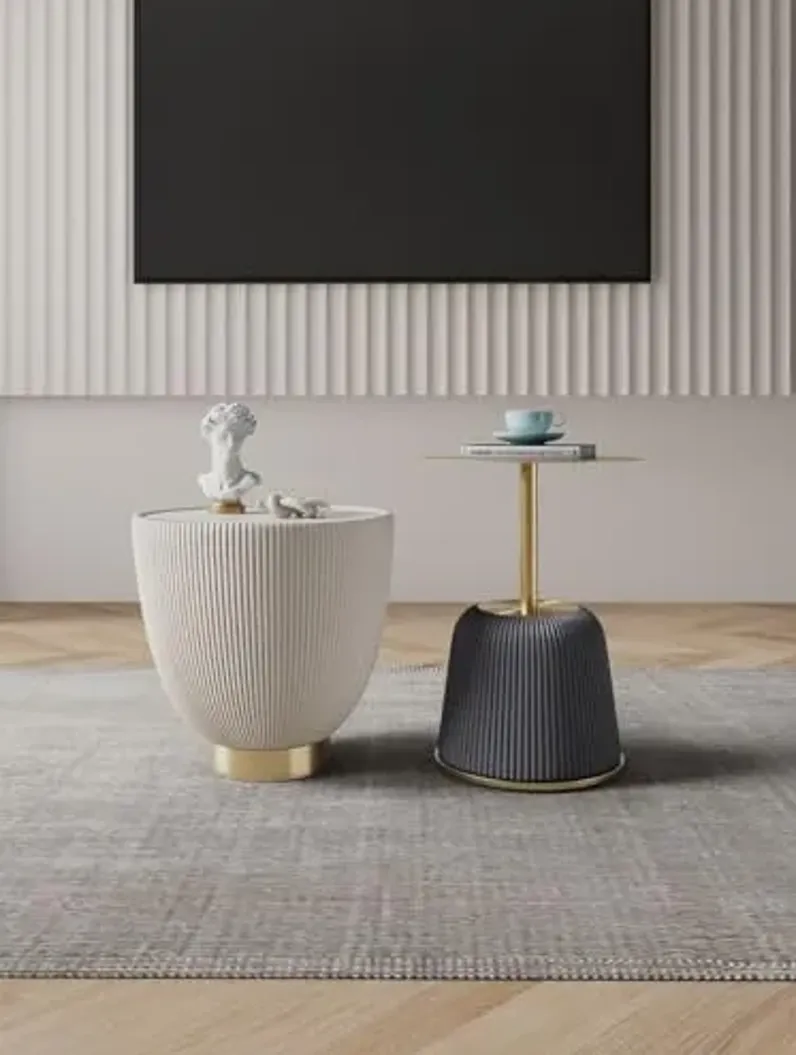 Manhattan Comfort Modern Anderson End Table 1.0 and End Table 2.0 Upholstered in Cream and Grey Leatherette with Ceramic Faux Tabletop and Gold Metal Tabletop- Set of 2