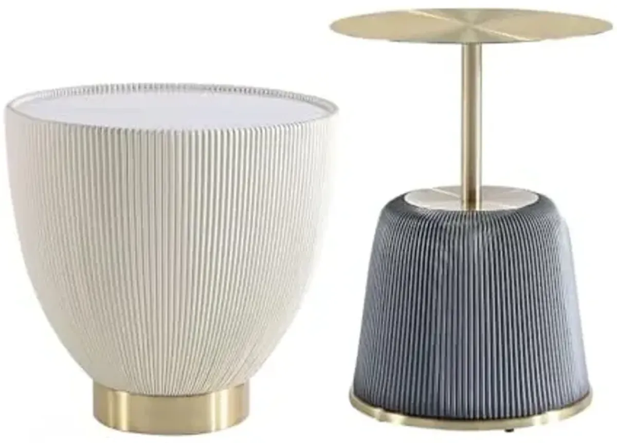 Manhattan Comfort Modern Anderson End Table 1.0 and End Table 2.0 Upholstered in Cream and Grey Leatherette with Ceramic Faux Tabletop and Gold Metal Tabletop- Set of 2