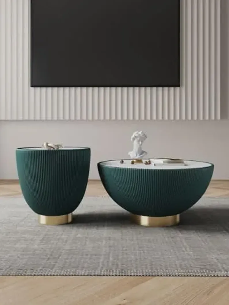 Manhattan Comfort Modern Anderson Coffee Table and End Table 2.0 Upholstered in Green Leatherette with Ceramic Faux Tabletop - Set of 2