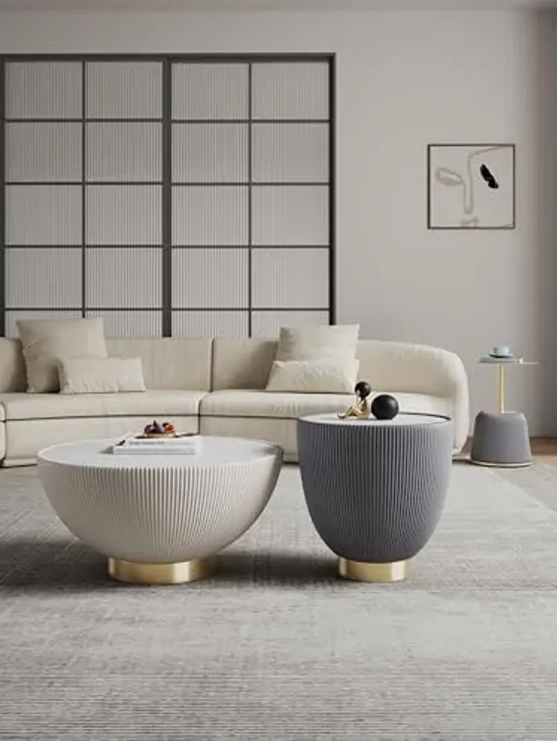 Manhattan Comfort Modern Anderson Coffee Table, 1.0 & 2.0 End Table, Upholstered in Cream and Grey Leatherette with Ceramic Faux Tabletop and Gold Metal Tabletop- Set of 3