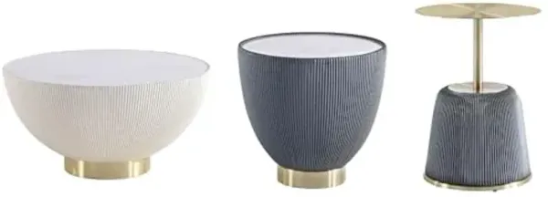 Manhattan Comfort Modern Anderson Coffee Table, 1.0 & 2.0 End Table, Upholstered in Cream and Grey Leatherette with Ceramic Faux Tabletop and Gold Metal Tabletop- Set of 3