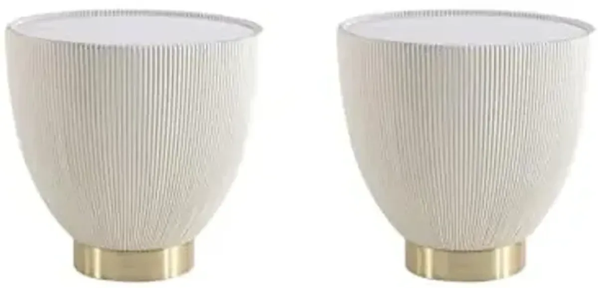 Manhattan Comfort Anderson Modern 18" Round End Table 2.0 | Ceramic Marble Tabletop, Elegant Pleated Leatherette Design & Gold Stainless Steel Base, Fully Assembled Accent Furniture, Set of 2, Cream